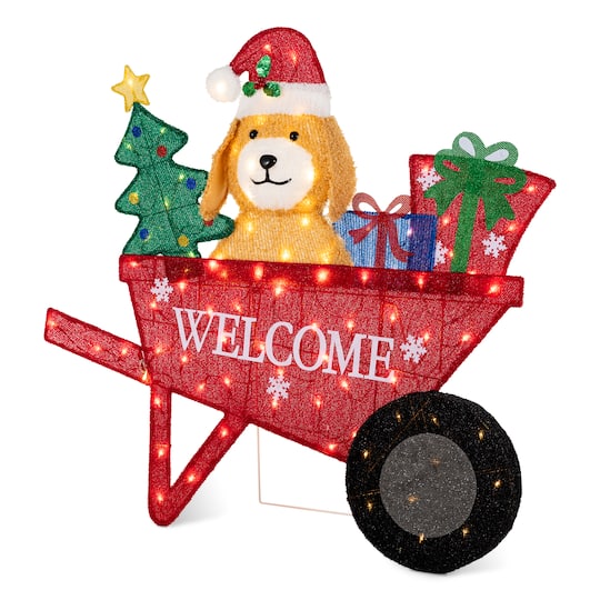 Glitzhome® 39.75" Christmas 2.5D Fabric Labrador Wheelbarrow with 90 Warm White LED Lights | 39.75" x 12.25" x 35.5" | Michaels®
